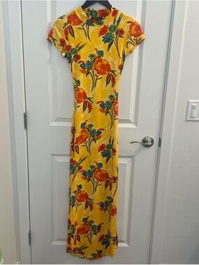 Absolutely Yellow Floral Maxi Dress with Red and Blue Blooms